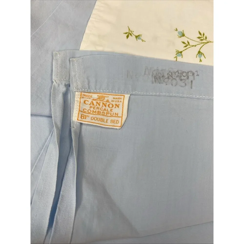 Vintage Cannon Combspun Percale Full Flat Top Sheet Blue Ditsy Floral Roses